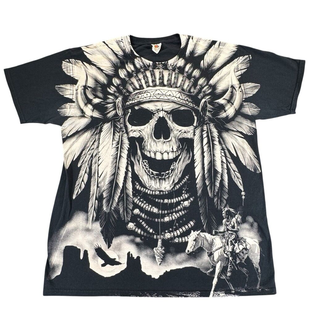 Vintage Y2K Streetwear Sz L Faded Skeleton Skull Indian Short Sleeve T-Shirt